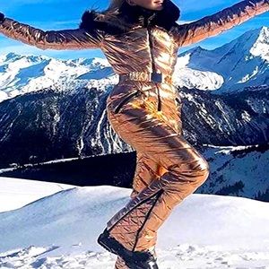 Gold Woman Winter Onesies Ski Suit Fur Collar coat Ski Jumpsuit Snowsuit